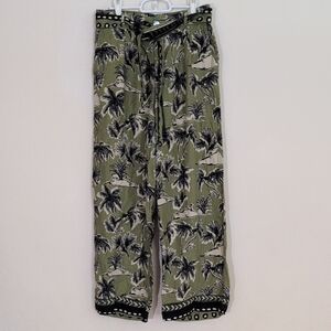 Tahari Linen Wide Leg Flowy Green Palm Print Palazzo Women's Pants - Size M